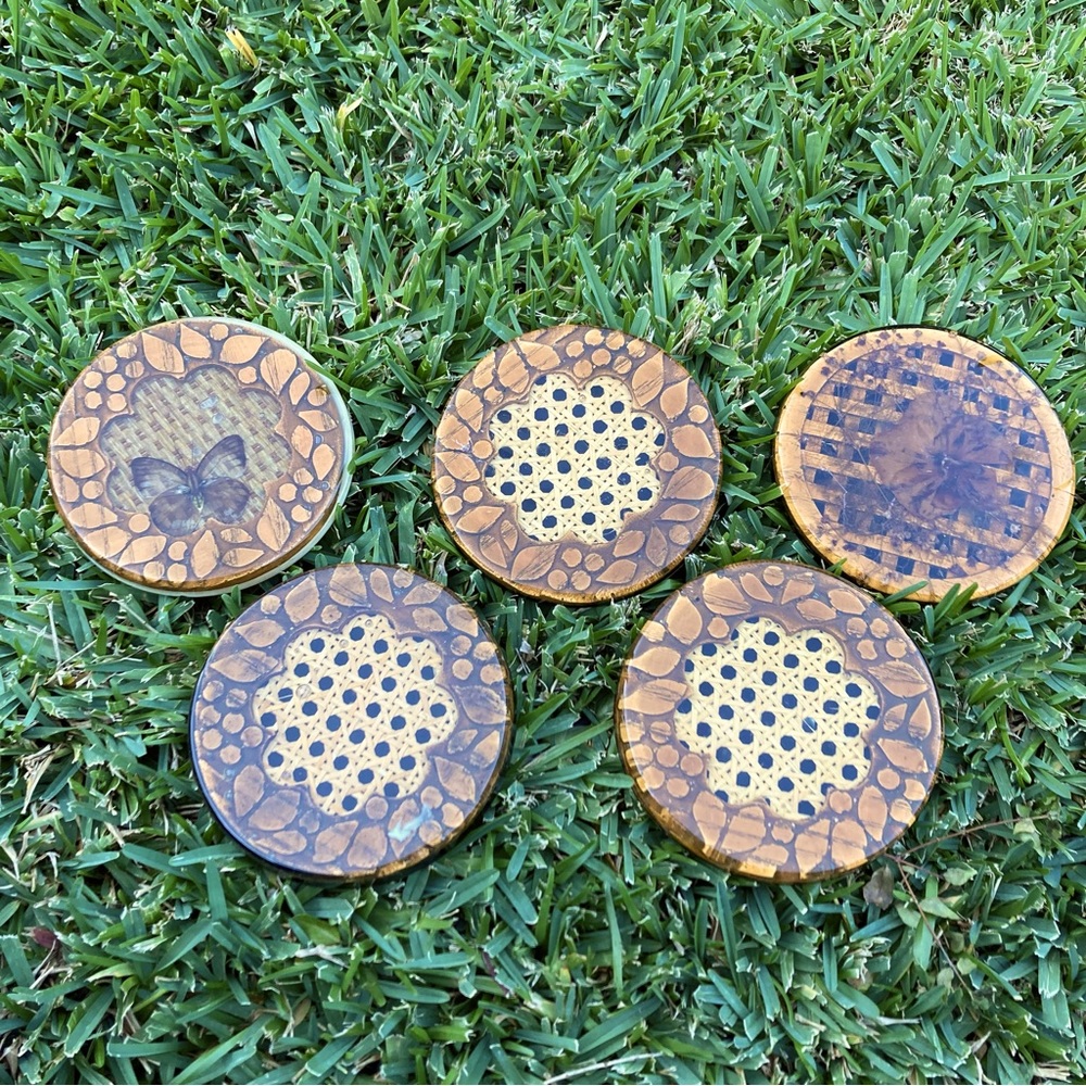 Vintage Lucite Coasters with Cane Rattan Butterfly Taxidermy Pressed Flowers